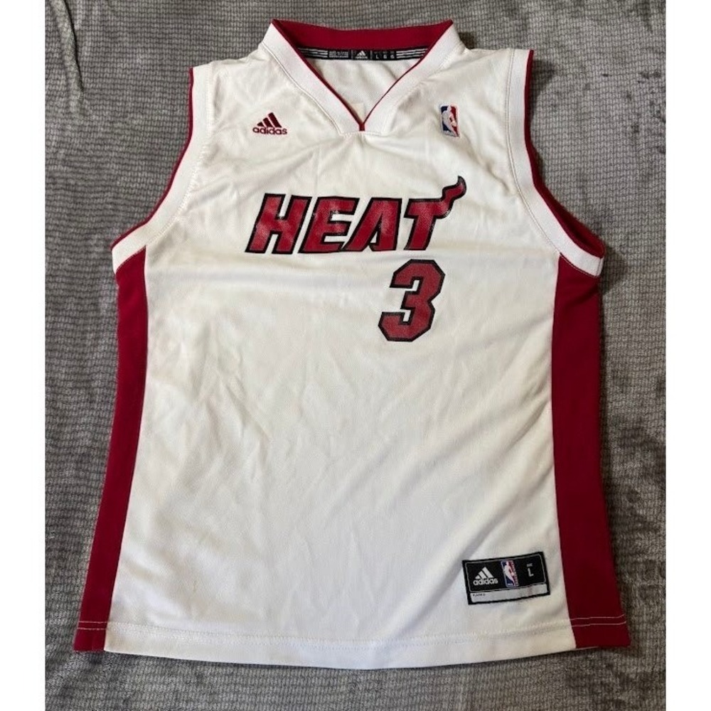 Adidas Miami Heat Dwyane Wade 3 Youth Jersey White Red Large 14-16 Basketball